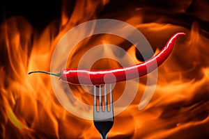 red chili pepper, pricked on a fork, on a background of burning fire, flames on a black background photo