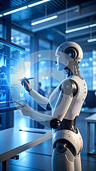 Robot analyzing data on a computer screen in a futuristic office environment