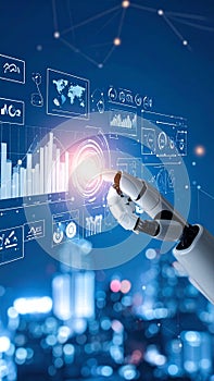 Robot hand interacting with digital interface displaying data analysis and graphs
