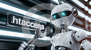 Robot holding a wrench next to htaccess file sign. Concept of web development, server configuration, and Technical SEO
