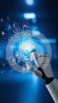 Robotic hand interacting with futuristic digital interface and data visualization