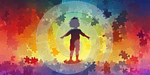 Silhouette of a child against a vibrant puzzle background, symbolizing the complexities of child psychology and photo