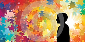 Silhouette of a child against a vibrant puzzle background, symbolizing the complexities of child psychology and photo