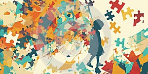 Silhouette of a child against a vibrant puzzle background, symbolizing the complexities of child psychology and photo