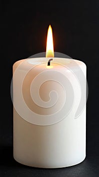 Single White Candle Burning Flame Dark Background