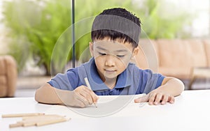 Smiling asian child schoolboy studying and writing at home photo