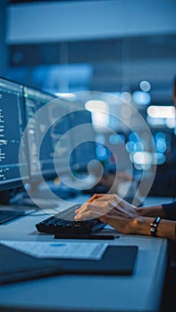 Software Developer Typing Code on Computer Screens at Night Office Workplace