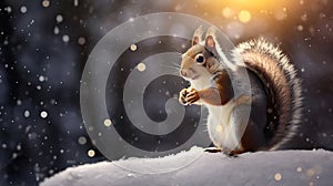 Squirrel eating nut on snow cover.