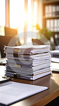 Stack of documents on a desk in a bright office with sunlight