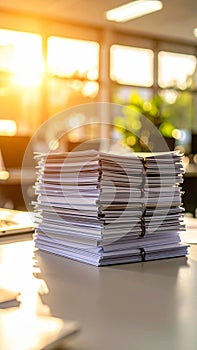 Stack of documents on a desk with bright sunlight in an office setting