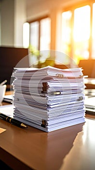Stack of Documents on Office Desk with Sunlight