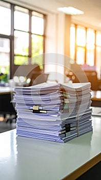 Stack of documents and paperwork on a desk in an office setting with sunlight.
