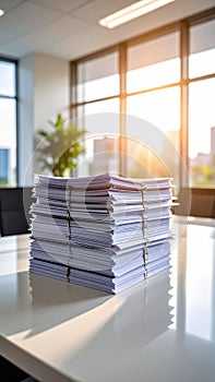Stack of Documents on Table in Bright Office with Sunlight