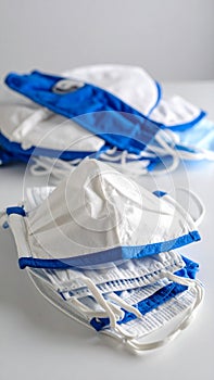 Stack of White and Blue Fabric Face Masks on White Surface