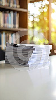 Stack of white paper documents on a table in a library with sunlight.