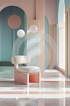 Astylish interior with a blend of pastel pink and turquoise hues.