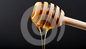 Sweet viscous honey made by bees dripping from wooden dipper with spaced grooves photo