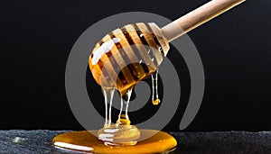 Sweet viscous honey made by bees dripping from wooden dipper with spaced grooves photo