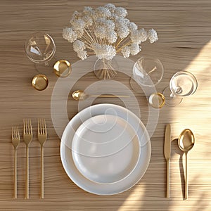 Generated image. Table setting with white empty plates, cutlery and glasses. View from above