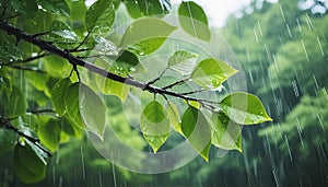 Tranquil scene, branch with green leaves and raindrops, summer rain, reconnection with natures beauty photo