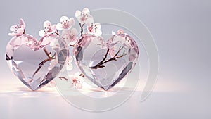 two cristal hearts on light background with copy space. photo