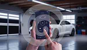 Unlocking and starting a car with a mobile app in an urban garage. Modern smart car app photo