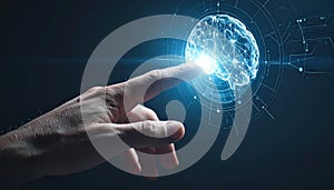 Human Finger Touching Holographic AI Brain Futuristic Human-AI Collaboration Concept