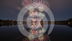 Spectacular Fireworks Reflected in Calm Lake at Night