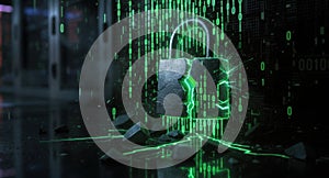 Digital Security Breach: Cracked Padlock with Binary Code