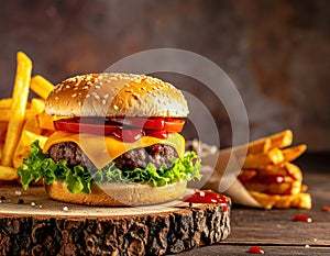 A classic gourmet cheeseburger with bacon, cheese, Lettuce and tomatoes on a sesame bun. Generated image