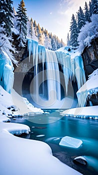 Winter Waterfall Landscape with Ice and Snow