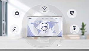 World map with VPN shield and floating icons showing encrypted, safe connection, hidden IP
