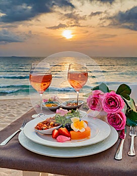 Generated imageSummer love. Romantic sunset dinner on the beach. Table honeymoon set for two with luxurious food