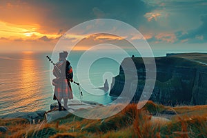 Generated photo of lone piper on windswept cliffs playing melancholic bagpipe tunes in Scotlanf