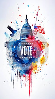 Artistic American Democracy and Freedom Concept with Splattered Paint Eagle and Capitol Building