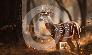 Chital Spotted Deer captured in a forest clearing bathed in warm golden sunlight. majestic animal is photographed in full figure