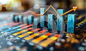 Colorful Bar Graph with Rising Arrow Indicating Growth, Progress and Success on a Blackboard, Symbolizing Business Analysis