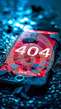 Cracked smartphone screen displaying a 404 error message symbolizing a broken digital link or failed connection on a dark textured