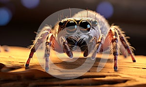 Curious Jumping Spider with Big Eyes on a Wooden Surface in Warm Light