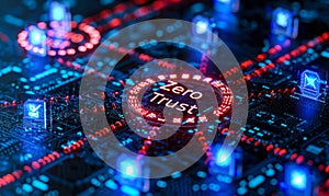 Cybersecurity concept of Zero Trust network security model illuminated on digital interface, representing verification and