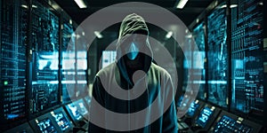 Data Breach: Anonymous Hacker in Hood and Mask Stealing Data from Inside Data Center. Generative AI