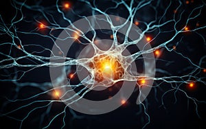 Digital illustration of a neuron cell with detailed dendrites and axon on a dark background representing neural network activity photo