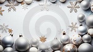 Elegant Christmas Border with White and Silver Ornaments Snowflakes and Festive Decorations on a Blank Snowy Background for