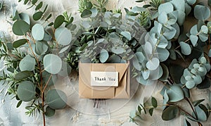 Elegant Thank You note peeking out of a brown kraft envelope adorned with eucalyptus leaves on a white background