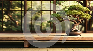 Empty wooden counter table green bonsai tree in traditional Japanese room with shoji window and wall tatami mat floor in sunlight