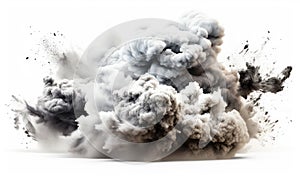 Explosive Burst of Dense Smoke Clouds Isolated on White Background, Concept of Power, Destruction, and Turbulent Force in