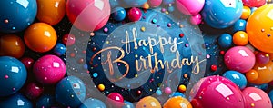 Festive Happy Birthday chalkboard sign with elegant script, surrounded by colorful party balloons, confetti, and drawing