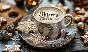 Festive Merry Christmas message written on frothy coffee in a white cup, surrounded by seasonal decorations and snowflake