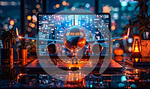 Futuristic concept of a commercial airliner jet emerging from a laptop screen, symbolizing online travel booking, virtual