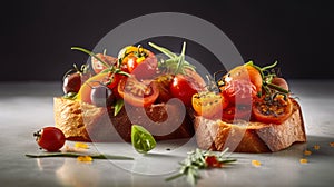 Gourmet Bruschetta with Freshly Baked Bread and Seasonal Tomatoes Irresistible Italian Cuisine. Food photography. Generative AI
